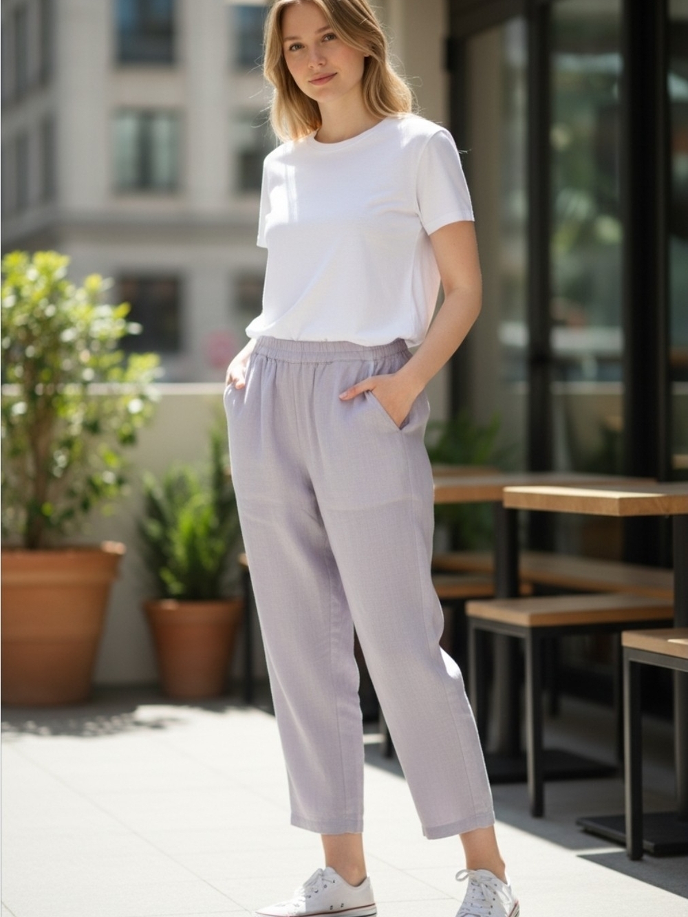 Luxury European 100% Linen Drawstring Pants in Light Lavender. NWT. Size Large.